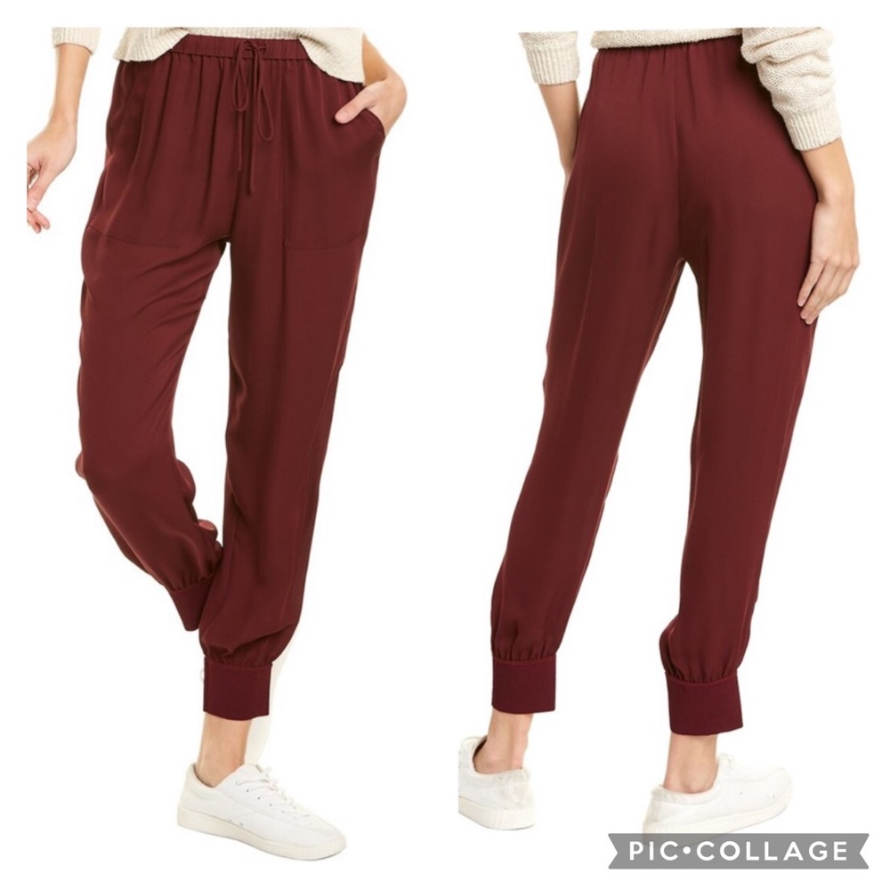 NWOT Theory Ribbed Cuff Silk Joggers Pant On Bordeaux